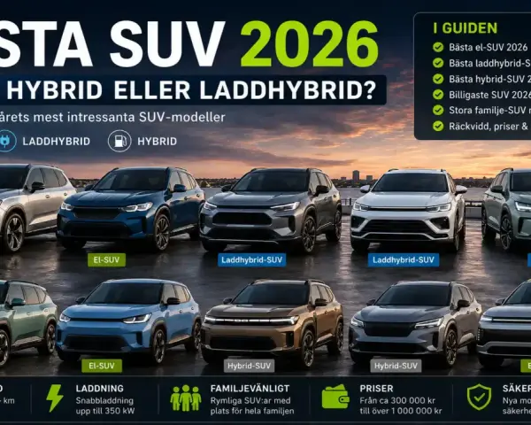 Guide till bästa laddhybrid SUV 2026. Flera modeller visas, med fokus på räckvidd, laddning och familjevänlighet.