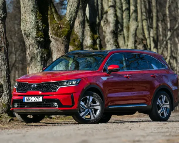 Röd Kia Sorento parkerad längs en trädkantad grusväg. En person syns i bakgrunden, kanske på väg att undersöka ett eventuellt kia sorento problem.