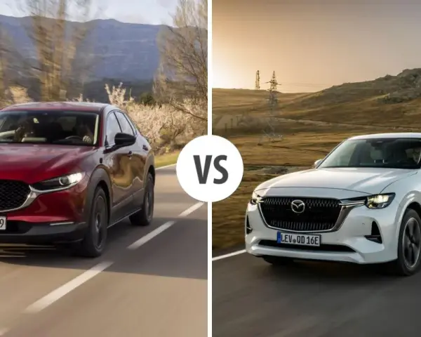 Två Mazda CX-60 laddhybrid på väg. En röd på en slingrig väg med träd och en vit i ett torrt landskap.