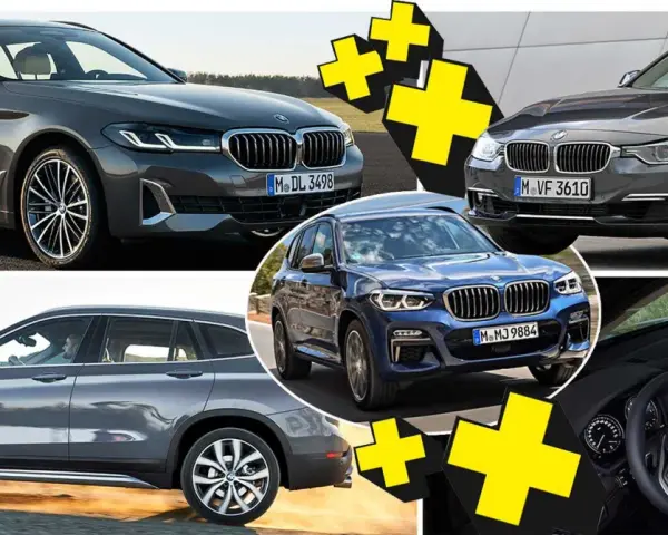 Flera BMW-modeller visas, inklusive en blå X3 och en grå kombi. En annan grå SUV, möjligen en BMW X1, har ett problem.