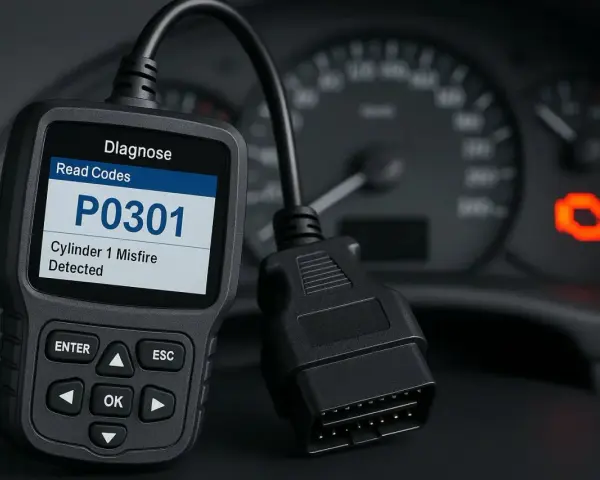 Diagnostikverktyg visar OBD2 felkoder på svenska: P0301, cylinder 1 misständning. Motorlampan lyser.