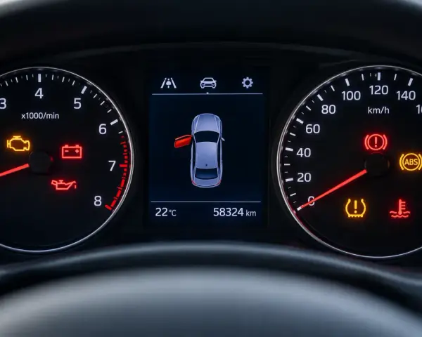 Varningslampa bil lyser för motor, batteri, oljetryck, ABS och däcktryck. En dörr är öppen.