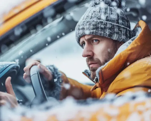 Man i gul jacka och mössa sitter i bil i snöstorm. Bilen startar inte, startmotorn går runt.