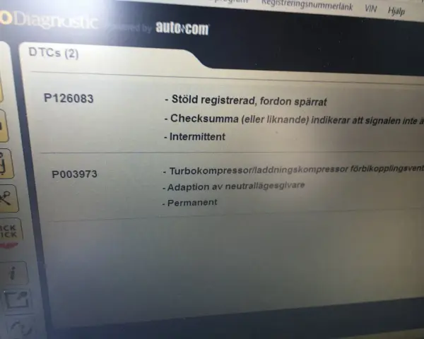 Volvo Powershift problem: felkoder P126083 (stöldskydd) och P003973 (turbokompressor/laddningskompressor).