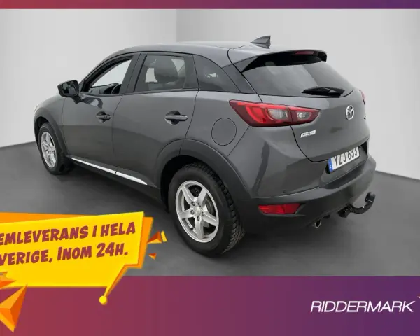 Grå Mazda CX-3, YZJ 655, med dragkrok. Hemleverans i hela Sverige inom 24h.