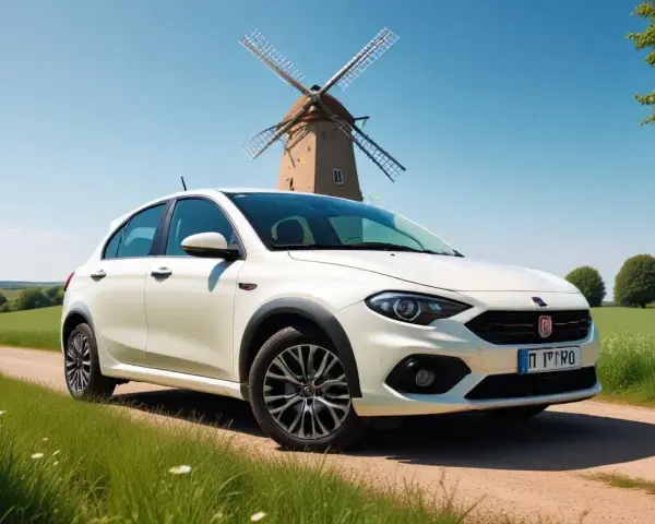 Vit Fiat Tipo står vid en grusväg med en väderkvarn i bakgrunden. Kanske ett litet fiat tipo problem med att hitta rätt väg?