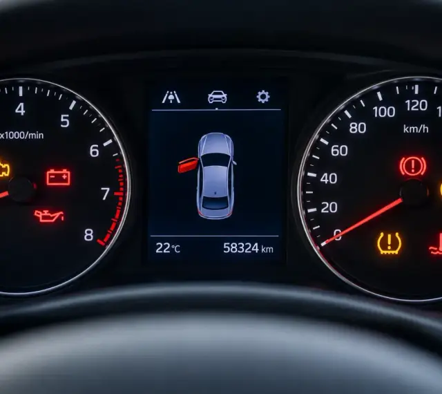 Varningslampa bil lyser för motor, batteri, oljetryck, ABS och däcktryck. En dörr är öppen.