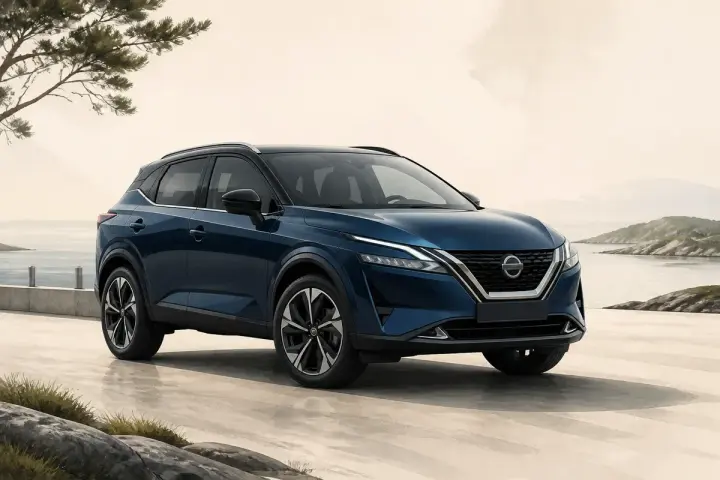 En mörkblå Nissan Qashqai står vid en kust. Inga problem syns med bilen, den ser perfekt ut.