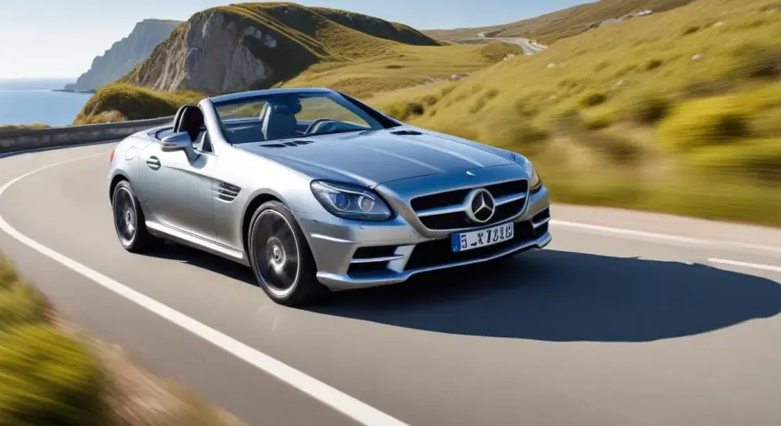 Silver Mercedes SLK 350 kör längs en kustväg, med motorproblem som gör resan osäker.