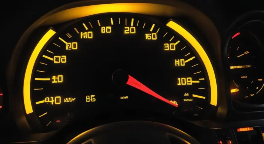 Bilens instrumentpanel lyser gult. Hastighetsmätaren visar 109 km/h. ABS-lampan lyser, vilket indikerar ett problem med bromssystemet.