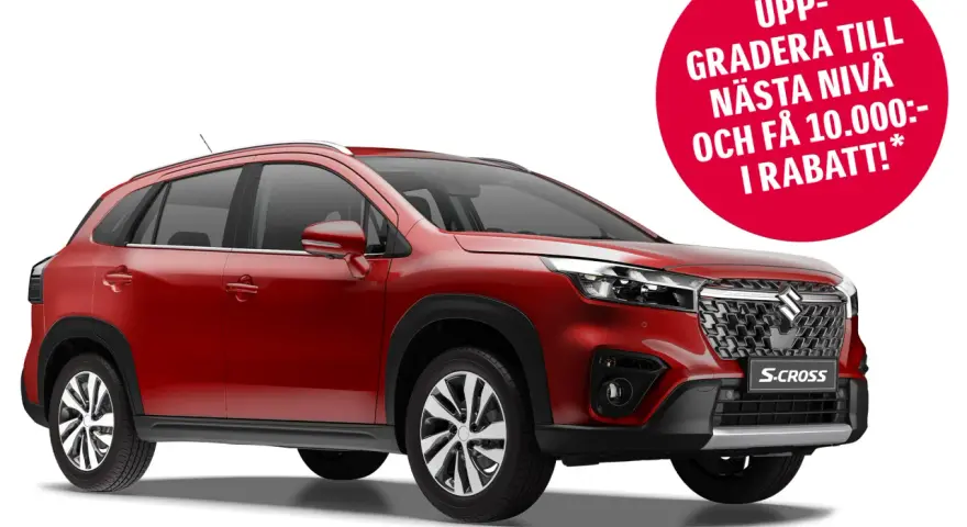 Röd Suzuki S-Cross på vit bakgrund. Erbjudande om uppgradering och rabatt syns i en röd cirkel.