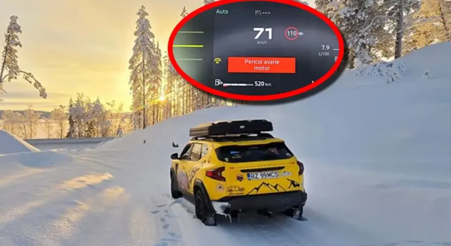 Gul Dacia Duster i snölandskap med motorvarning. Ett dacia duster problem som inte stoppar äventyret.