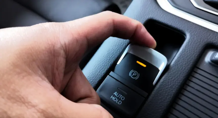 En hand trycker på knappen för elektronisk handbroms som låst sig. En orange lampa lyser.