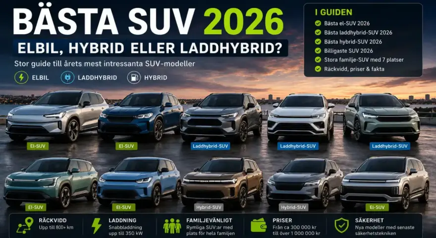 Guide till bästa laddhybrid SUV 2026. Flera modeller visas, med fokus på räckvidd, laddning och familjevänlighet.