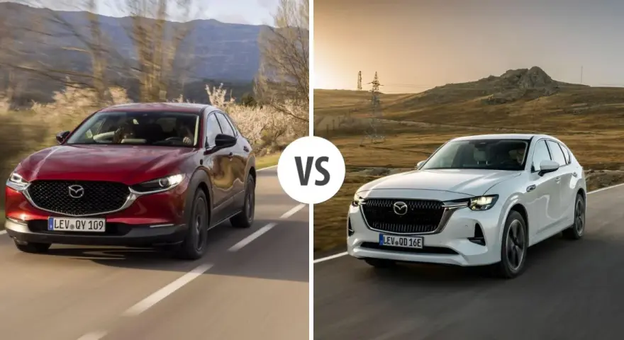 Två Mazda CX-60 laddhybrid på väg. En röd på en slingrig väg med träd och en vit i ett torrt landskap.