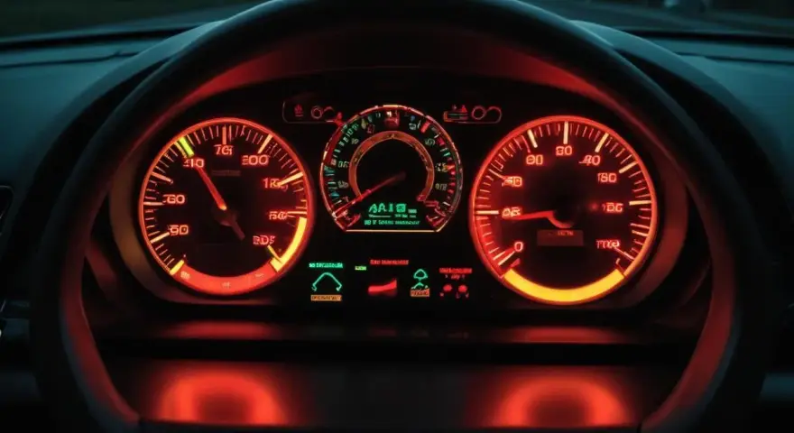 Bilens instrumentpanel lyser i rött. Motorlampan lyser, vilket indikerar ett problem. Hastighetsmätaren visar 70 km/h.