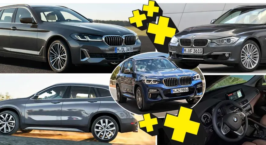 Flera BMW-modeller visas, inklusive en blå X3 och en grå kombi. En annan grå SUV, möjligen en BMW X1, har ett problem.