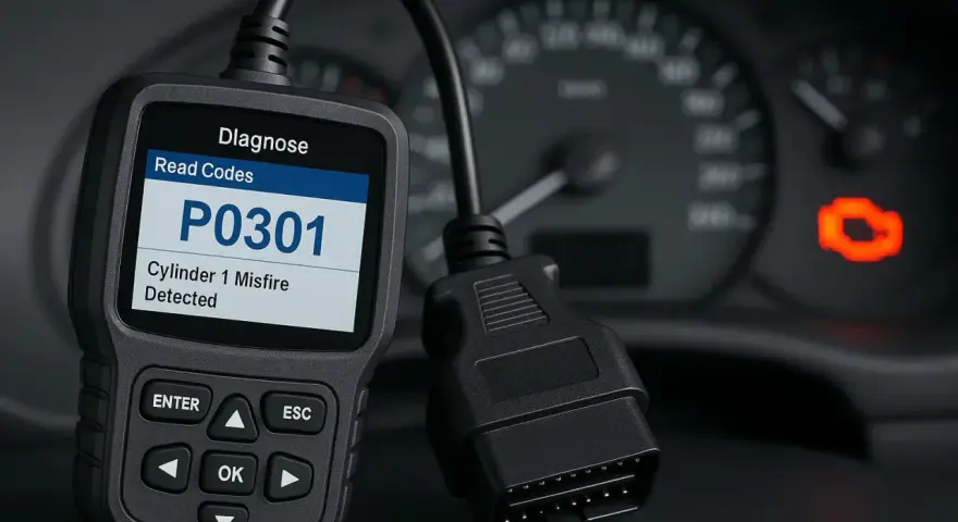 Diagnostikverktyg visar OBD2 felkoder på svenska: P0301, cylinder 1 misständning. Motorlampan lyser.