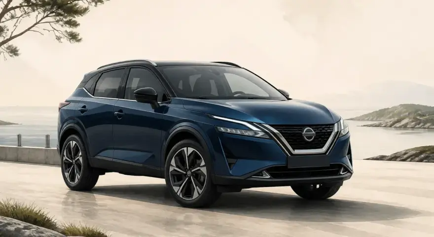 En mörkblå Nissan Qashqai står vid en kust. Inga problem syns med bilen, den ser perfekt ut.