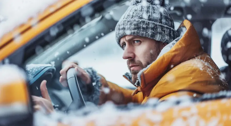 Man i gul jacka och mössa sitter i bil i snöstorm. Bilen startar inte, startmotorn går runt.
