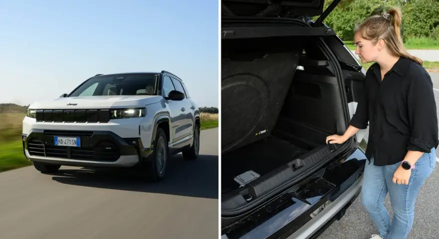 Vit Jeep Compass kör på en väg, en kvinna inspekterar bagageutrymmet. En del av en jeep compass test.