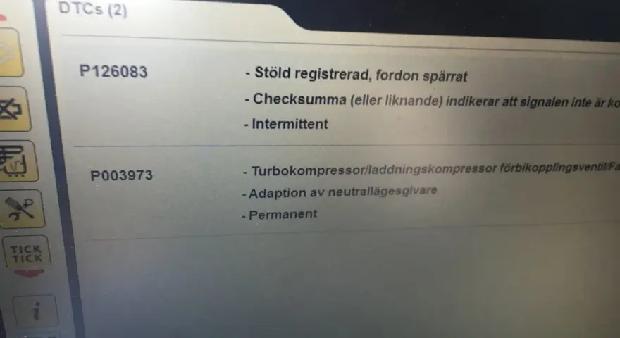 Volvo Powershift problem: felkoder P126083 (stöldskydd) och P003973 (turbokompressor/laddningskompressor).