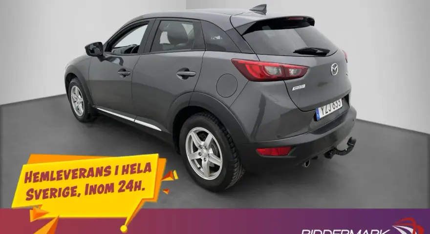 Grå Mazda CX-3, YZJ 655, med dragkrok. Hemleverans i hela Sverige inom 24h.