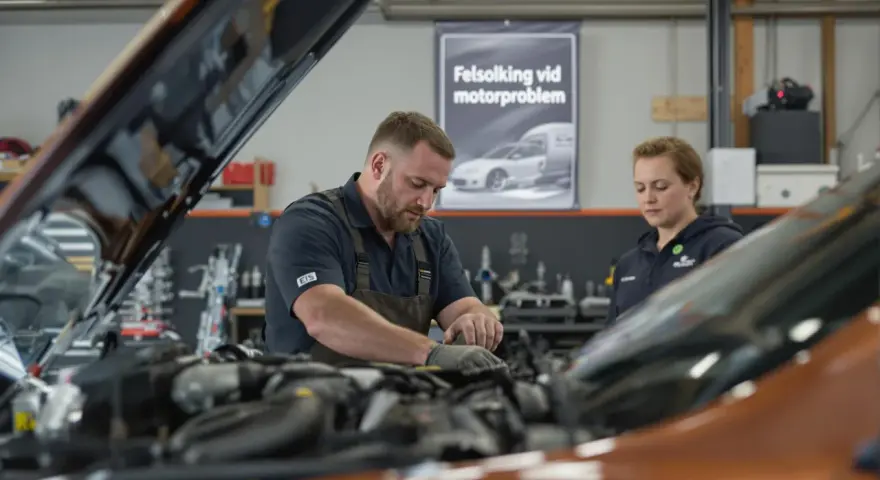 Två mekaniker felsöker ett motorproblem på en Fiat Ducato i verkstaden.