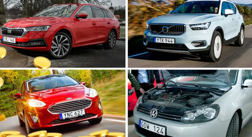 Fyra bilar visas. En röd Skoda, en ljusblå Volvo, en röd Ford och en silverfärgad VW med öppen motorhuv. Vilken bil har kamkedja eller kamrem?