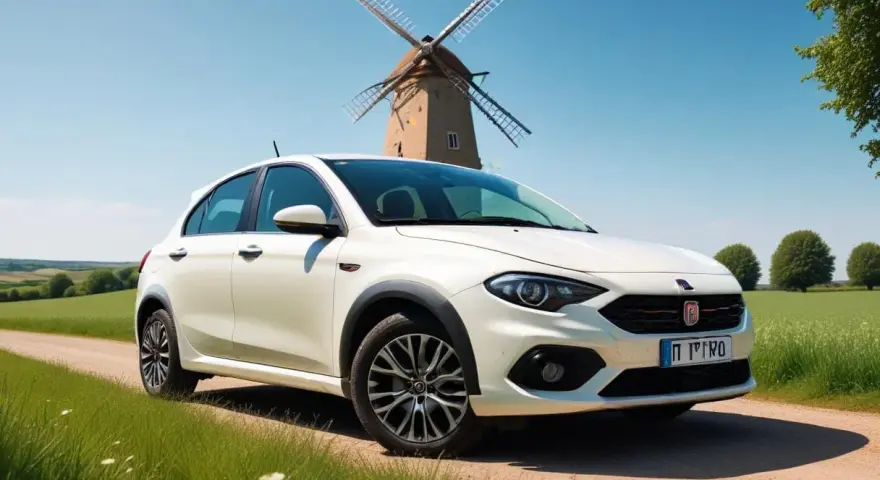 Vit Fiat Tipo står vid en grusväg med en väderkvarn i bakgrunden. Kanske ett litet fiat tipo problem med att hitta rätt väg?