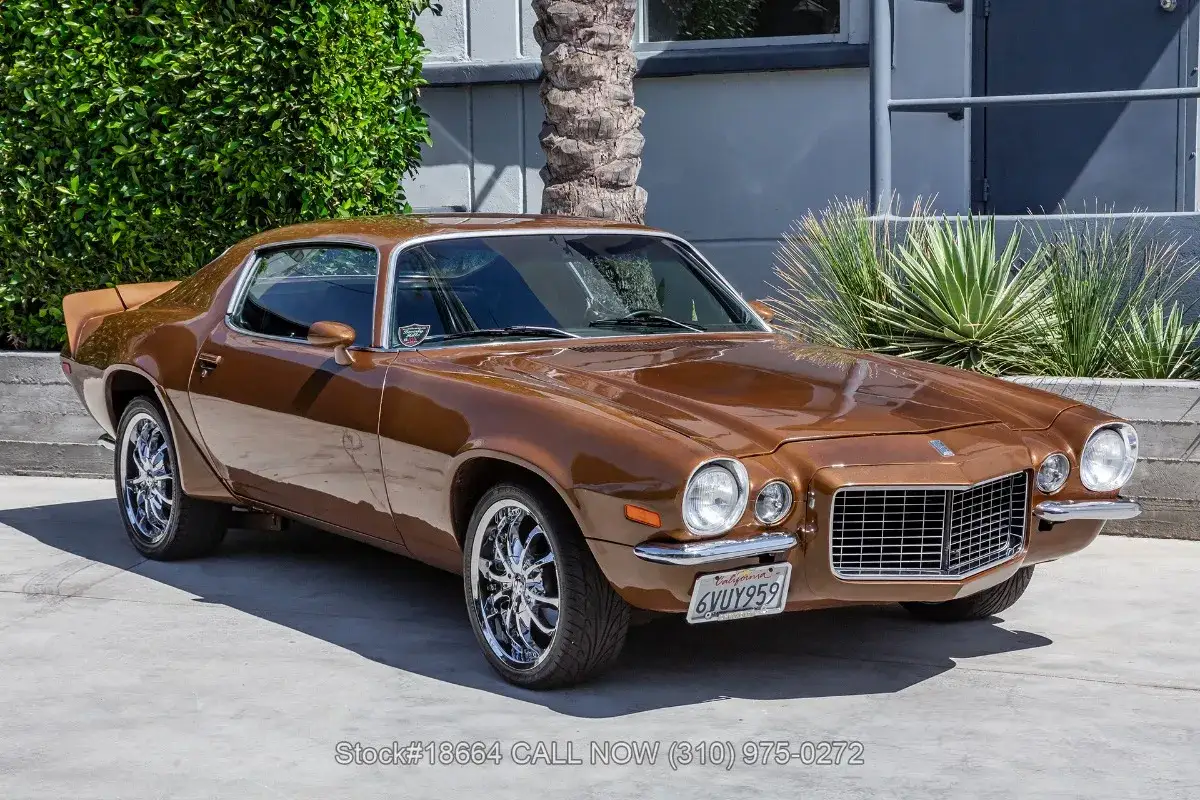 Brun camaro 1970 med kromfälgar, parkerad framför en grön häck och en palm.