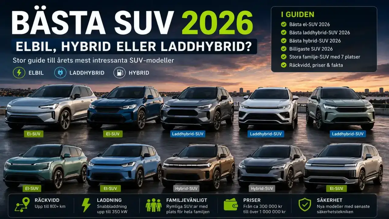 Guide till bästa laddhybrid SUV 2026. Flera modeller visas, med fokus på räckvidd, laddning och familjevänlighet.