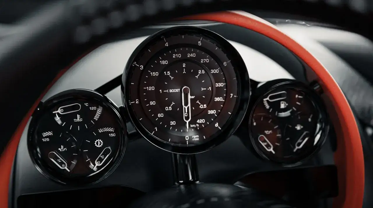Instrumentpanelen i en Koenigsegg CC850 visar hastighet, varvtal, boost, temperatur och br&auml;nsle.