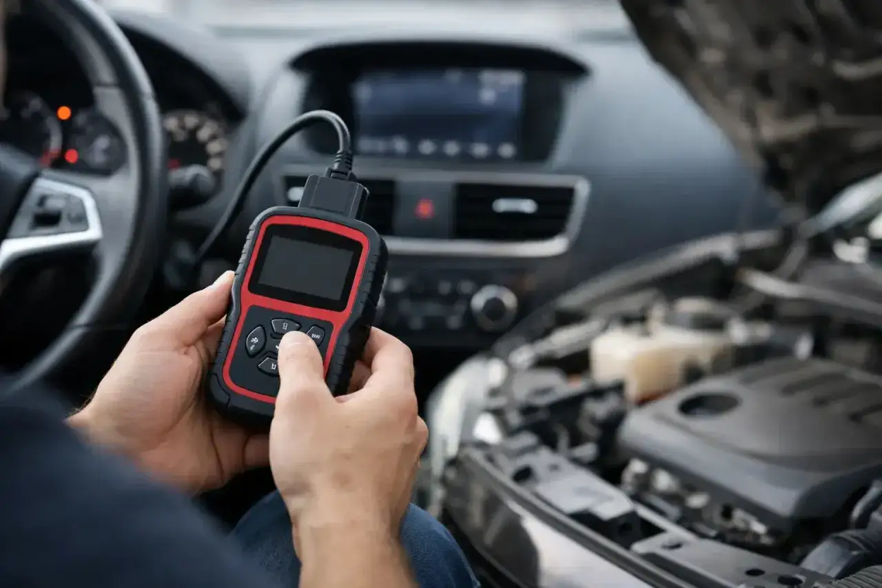 Person använder en OBD2-läsare för att felsöka bilen. Den visar obd2 felkoder på svenska för att identifiera problem.