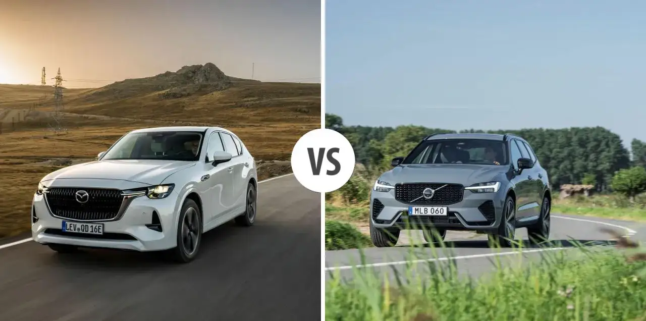 Vit Mazda CX-60 laddhybrid möter en grå Volvo XC60. Vilken blir bäst i vårt laddhybrid test?