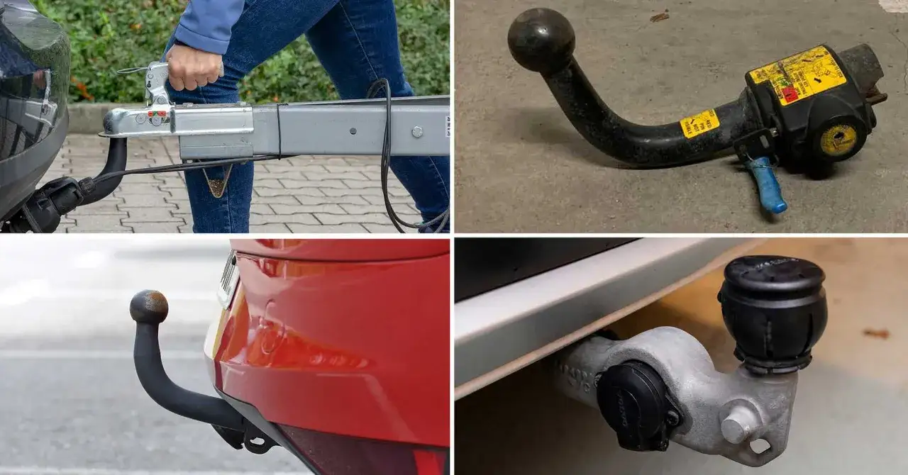 Bilderna visar olika typer av dragkrokar, från en som kopplas till en släpvagn till en som är monterad på en bil. En person förbereder sig för att koppla en släpvagn. Det kan vara dags att ta bort dragkrok.