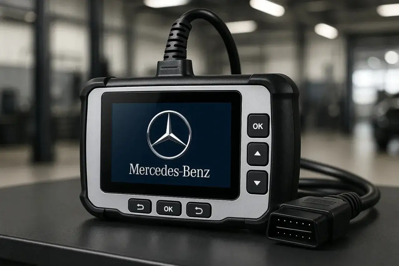Diagnostikverktyg för service av Mercedes-Benz. Enheten visar Mercedes-Benz logotyp och är redo att anslutas till bilen.