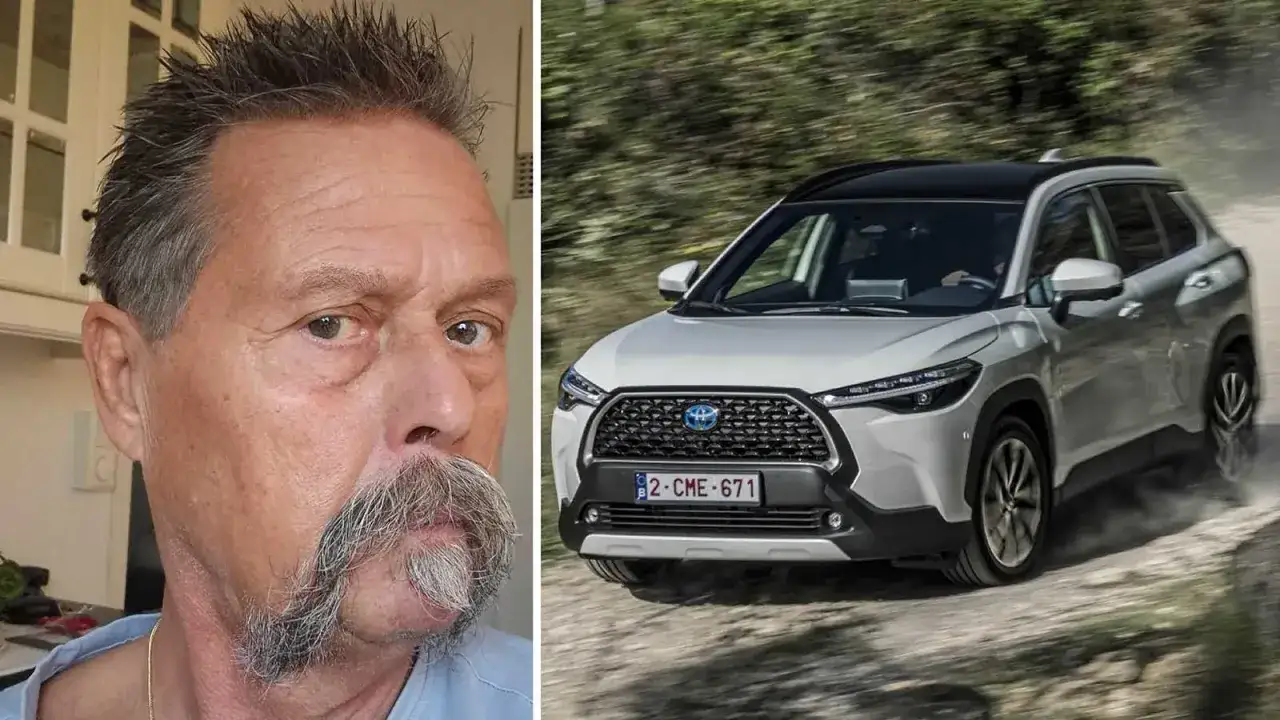 Man med mustasch bredvid en vit Toyota Corolla Touring Sports som kör på grusväg. Kanske ett problem med bilen?