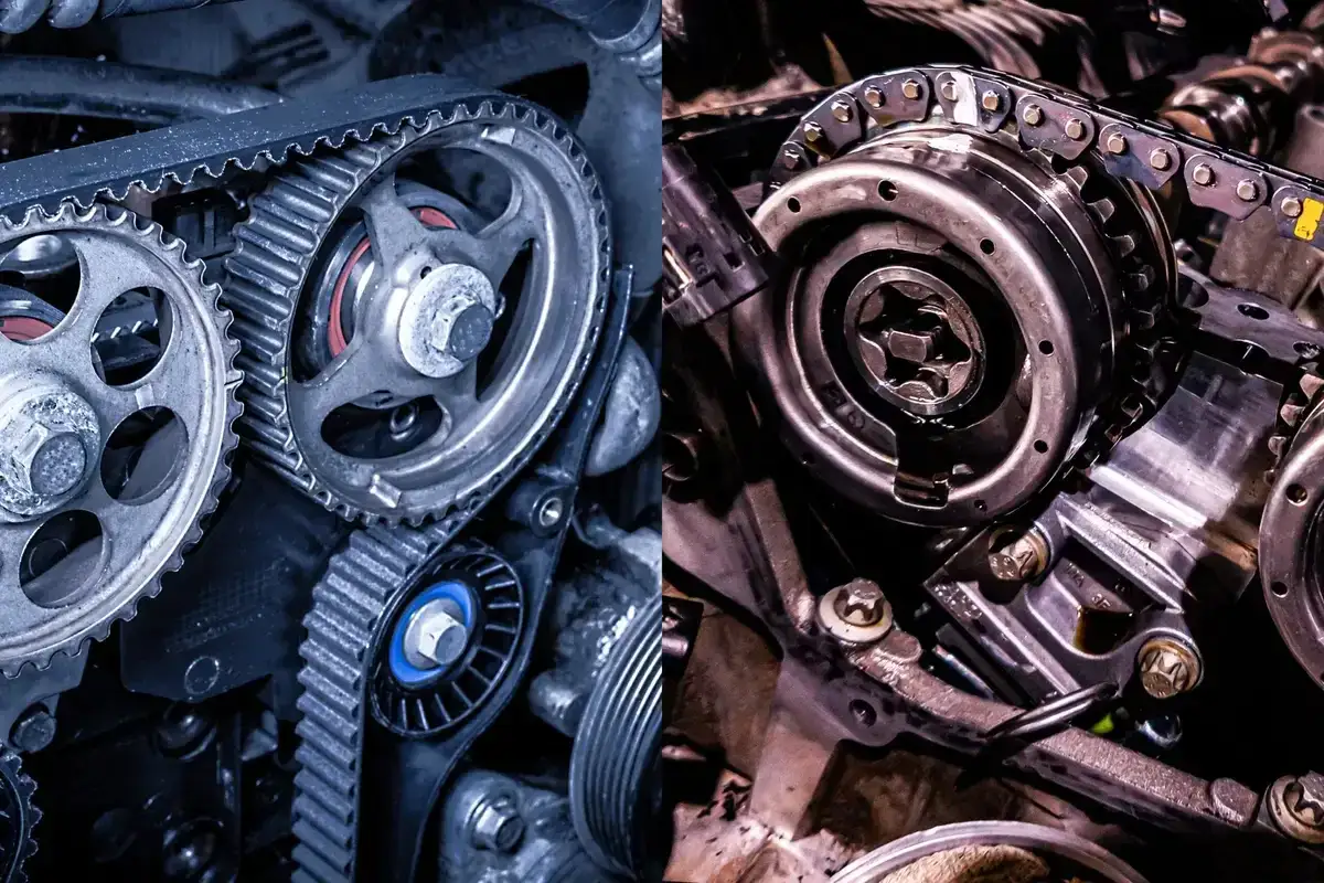 Vänster sida visar en kamrem med kugghjul, höger sida en kamkedja. Båda är viktiga för motorns timing.