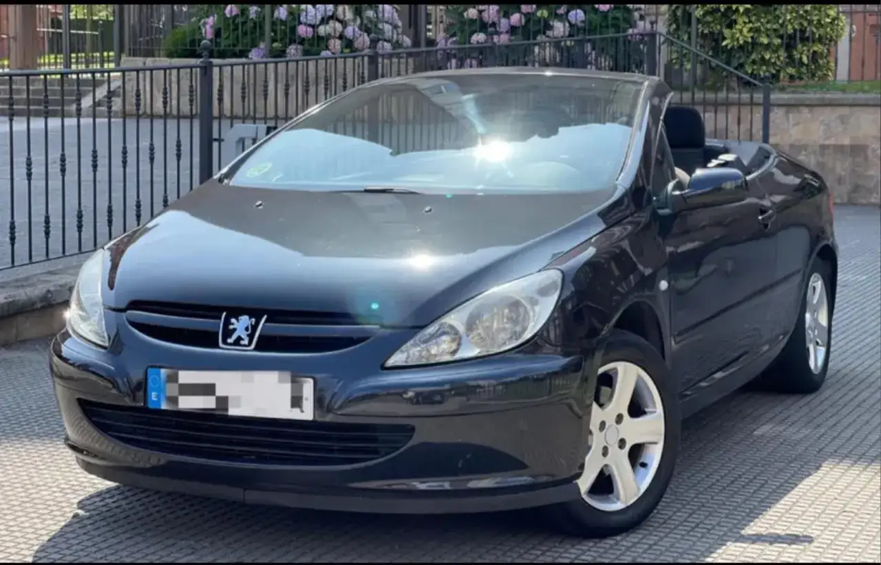 Svart cabriolet Peugeot 307, en bilmodell känd för sina vanliga fel. Solen glittrar i lacken.