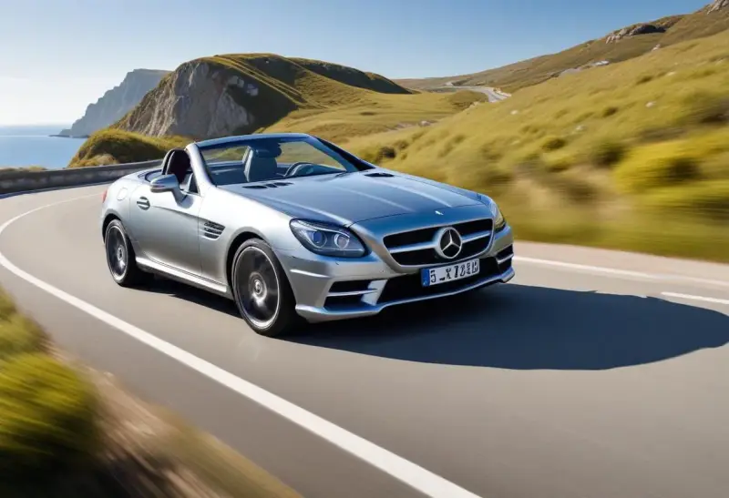 Silver Mercedes SLK 350 kör längs en kustväg, med motorproblem som gör resan osäker.