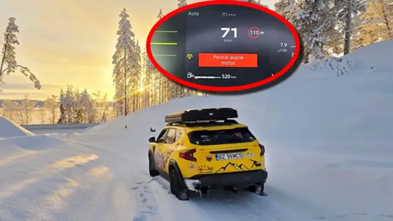 Gul Dacia Duster i snölandskap med motorvarning. Ett dacia duster problem som inte stoppar äventyret.