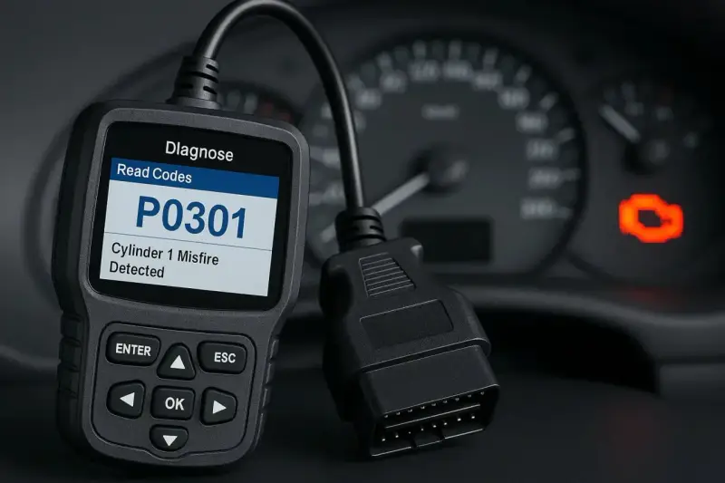 Diagnostikverktyg visar OBD2 felkoder på svenska: P0301, cylinder 1 misständning. Motorlampan lyser.